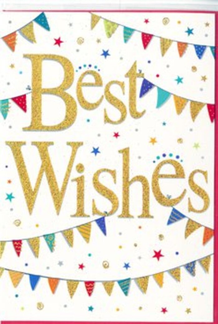 In this image, a "Best Wishes" card is presented with an exuberant, party-like charm that still maintains a sense of modern polish, much like the mix of independent shops and leafy streets around Stroud Green. Across a bright, unblemished white background, the central focus is the greeting itself: "Best Wishes," written in flowing, raised gold script that seems to glow. The letters have a gentle, rounded style and appear to be lightly dusted with glitter, creating a textured sheen that would feel slightly grainy and luxurious to the touch. Surrounding this central message are arching strings of bunting, curving from side to side in soft, festive swirls. Each tiny pennant is a distinct colour and pattern-some are bold red with white polka dots, others deep blue with narrow stripes, while a few show mosaic-like patchworks in turquoise, yellow, and bright green. These flags bring to mind the cheerful decorations of a local street fair near Finsbury Park or a community gathering by Wray Crescent. Between the bunting strands and around the golden letters, tiny star shapes and confetti dots are sprinkled like floating sparks, in coordinating tones of gold, teal, and pink. They add a sense of movement and spontaneity, as if someone has just tossed a handful of celebratory confetti into the air. The card feels wonderfully versatile-equally fitting for wishing luck to someone starting a new job near Crouch Hill Station or celebrating a new chapter for neighbours moving into a nearby Victorian terrace. Its overall impression is radiant, hopeful, and inclusive, ready to accompany a fresh bouquet on delivery day.