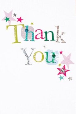 This thank you card boasts a jubilant design that captures the unique charm of Stroud Green's creative spirit. Wisps of confetti-like stars in gold, soft magenta, and teal dance across the crisp white surface, reminiscent of celebratory afternoons in local independents or a stroll through the wildflower meadows of nearby parks. Each letter in 'Thank You' is uniquely decorated-some stitched in playful curves, others pattern-bright with polka dots, and several outlined in silver that twinkles subtly as the card catches the light. The array of vivid colors-sunshine yellow, leafy green, and a lively blue-feels as festive as a burst of blooms seen at the Sunday markets. The textured finish adds a gentle, handcrafted touch that speaks to the artistry found among local florists on Stroud Green Road. The card exudes thoughtful appreciation and positive energy, perfect for delivering thanks alongside a hand-tied bouquet. Every detail, from the intentional placement of stars to the flourish of each letter, embodies a mix of celebration and sincerity. It's easy to imagine this thank you card brightening a mantel in a Stroud Green home, a testament to creative gratitude and the personal touch found in every delivery by trusted neighbourhood florists.