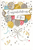 This congratulations card presents a scene of quiet yet unmistakable celebration, much like the gentle buzz of a gathering in a Stroud Green townhouse near Crouch Hill. The background is soft and light, almost like parchment, setting off a cluster of floating balloons that appears to rise from the bottom of the card. These balloons are illustrated in rounded forms, layered so they overlap slightly, and shaded in complementary hues of warm gold, shimmering silver, pale pink, sky blue, and soft champagne, evoking the delicate sheen of party balloons catching indoor light. Some carry tiny five-pointed stars, others fine stripes or a dusting of glittery dots, adding visual texture without overwhelming the eye. From each balloon, thin metallic gold and silver ribbons trail downward in gentle curls, meeting near the bottom in an easy, looping tangle that suggests a hand loosely holding the strings, much like grasping the tied stems of a bouquet from Flower Delivery Stroud Green. Around the balloons, an array of small stars, dots, and swirling streamers drifts freely across the card's face, hinting at movement, as though the air has been stirred by laughter and applause. Spanning the centre of the composition is a refined banner, softly arched and edged with subtle metallic detailing. On it, in elegant, flowing script, the words "Congratulations To You" are written with a touch of formality and a lot of warmth. The overall effect is uplifting and graceful, ideal for marking milestones such as a promotion, new home, or academic success, and evoking the feeling of sharing heartfelt joy within the local Stroud Green community.