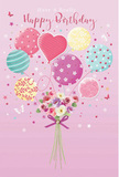 This birthday-themed illustration captures the light, buoyant feeling of a bouquet being lifted by balloons, as if it could drift gently above the rooftops of Stroud Green. A soft pink backdrop acts like a warm, affectionate embrace, while a cluster of pastel balloons rises from the centre, filling the upper space with colour and movement. Each balloon has its own personality: some are dressed in candy-coloured stripes that twist like ribbons, others are sprinkled with lively polka dots, and a central heart-shaped balloon glows with tender affection in shades of pink and peach. The colour palette - gentle sea greens, blush pinks, lemon yellow, and lilac - blends harmoniously, echoing the soft tones often seen in spring flower displays along Stroud Green Road. Below this airy parade, a charming bouquet gathers at the base, filled with delicate roses and anemone-like blooms in creamy ivory, powdery blush, and muted mauve. The blossoms cluster together with a sense of intimacy, their petals appearing feathery and soft, as if you could almost feel their velvety texture. A violet satin bow ties the stems neatly, catching an imagined glimmer of light like a decorative flourish added by an expert florist. Scattered around the design are tiny star accents and butterfly shapes, lending a subtle fairy-tale quality to the scene, as though the bouquet were part of a birthday wish drifting over nearby parks. The overall impression is airy, sweet, and quietly festive - a visual message of joy designed to make the recipient feel special, celebrated, and deeply remembered on their day.