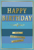 A tastefully designed birthday card stands against a soft background, its look polished yet soothing, like a calm corner of Stroud Green on a slow weekend morning. The card face is dominated by wide, horizontal bands of blue that flow gradually from dark, inky navy through rich teal and cool marine blue to a light, whisper-soft sky tone, forming a smooth ombre effect that suggests depth and tranquility. Centered across these stripes is the bold message "HAPPY BIRTHDAY," rendered in tall, embossed gold capitals. The metallic finish gives the letters a gentle shine that shifts as the light moves, so the greeting seems to glow softly rather than shout. Just underneath, a graceful golden flourish runs horizontally, looping in an elegant, vintage-inspired design that adds a touch of classical charm. Beneath this flourish, three narrow gold banners are neatly stacked, each ribbon shimmering and carrying the same warmly encouraging sentence: "Relax, have a great day and enjoy!" The words look inviting, as though they're offering the recipient permission to slow down, linger over brunch on Stroud Green Road, and truly enjoy their special day. A slim gold rule frames the entire front of the card, giving it a clean, completed edge, as if it were a small piece of art ready to be displayed on a mantel or side table next to fresh birthday flowers. The card stock appears smooth, with the matte blues contrasting the glossy gold elements, creating a tactile sense of richness even through the image. Overall, the design feels modern yet timeless, radiating gentle celebration and thoughtful care without overwhelming the senses.
